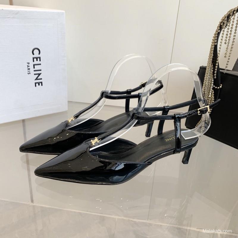 2025 Women Celine Black Patent Leather Slingback TRIOMPHE KFY00300
