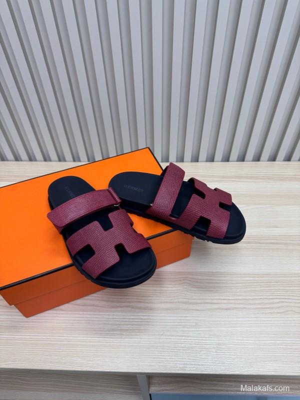 2025 Slippers Hermès Burgundy Black Leather Slide KFY00260