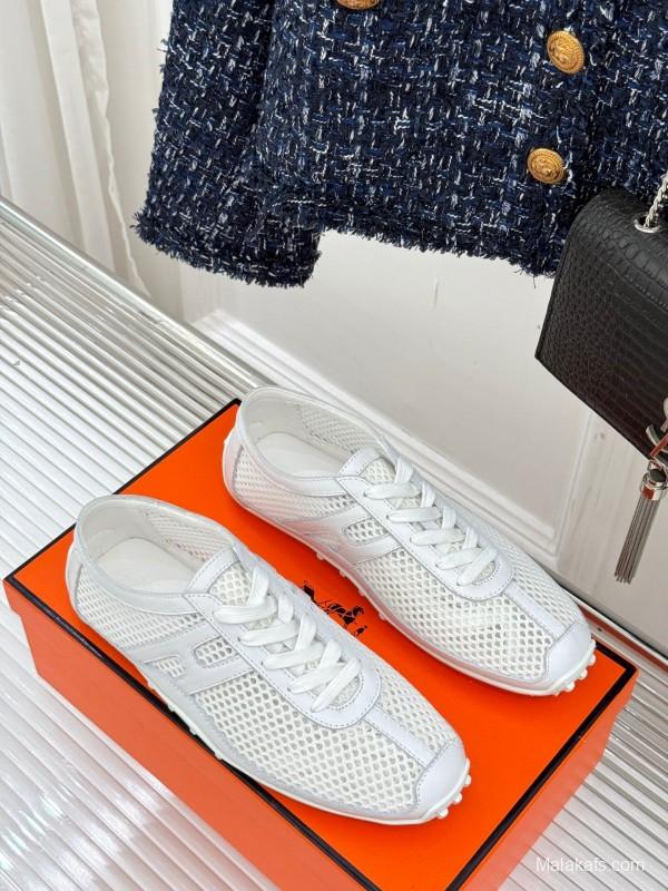 2025 Women Hermès White Mesh Leather Sneakers