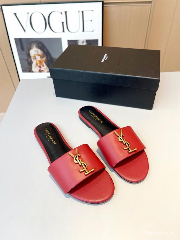 2025 Women Yves Saint Laurent Red Leather Slippers LY00180