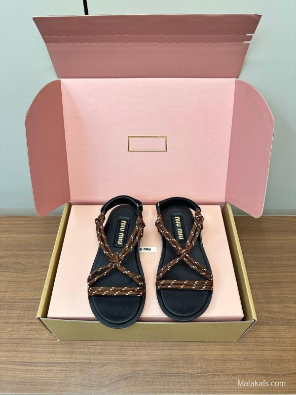2025 Women Miu Miu Brown Leather Sandals