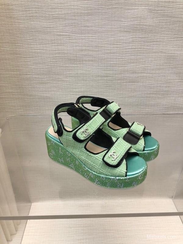 2025 Slippers Chanel Mint Green Textile Platform Sandals LY00330
