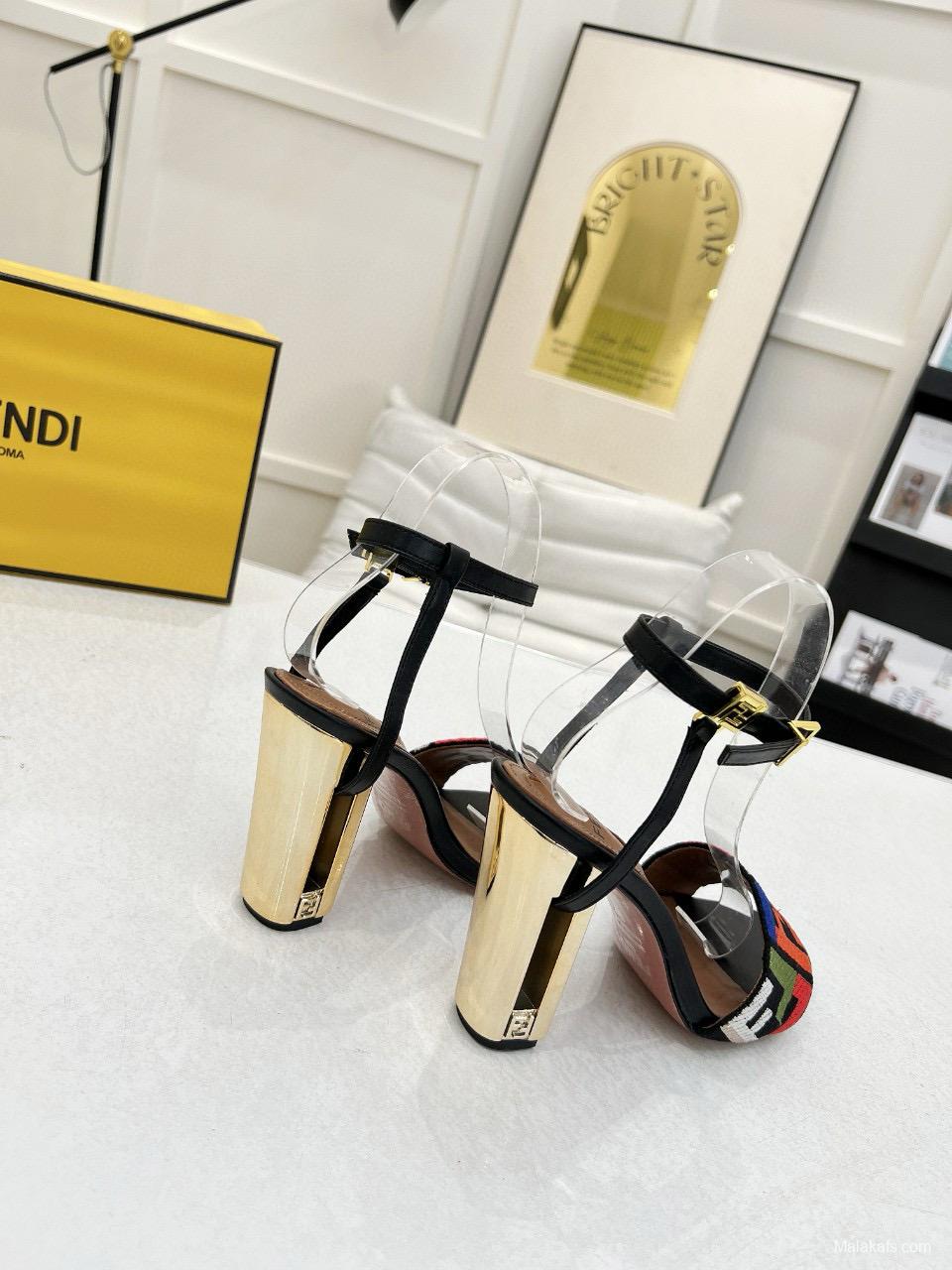 2025 Women Fendi Black Multicolor Leather Suede Sandals MJ00280