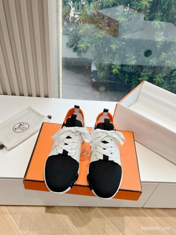 2024 Unisex Hermès Black White Orange Calfskin Suede Knitted Sneakers MJ00290