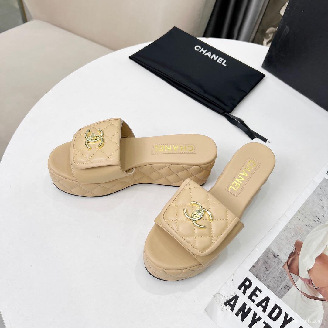 2025 Women Chanel Beige Leather Platform Slide Sandals