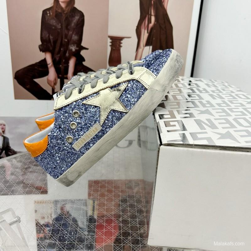 2025 Women GGDB Blue Silver Leather Glitter Low Top Sneakers