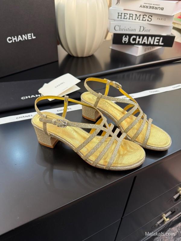 2025 Women Chanel Gold Fabric Sandals KFY00289