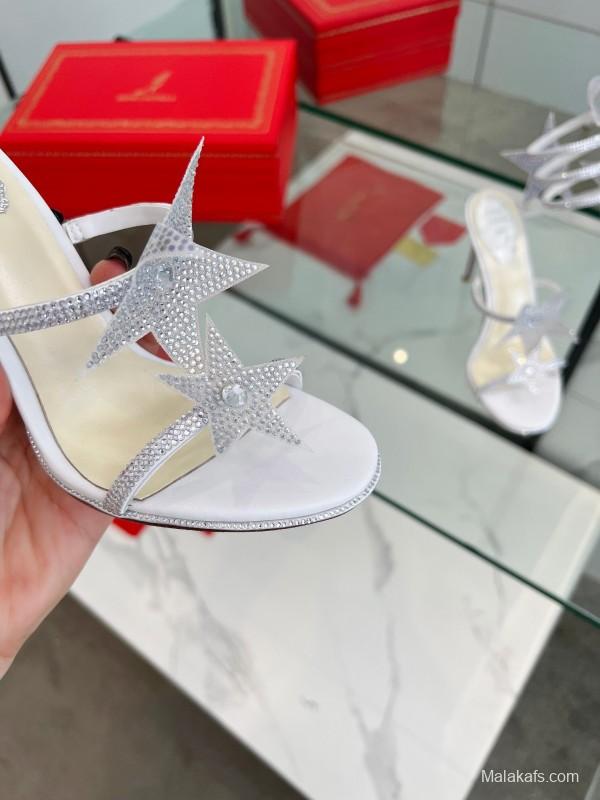 2025 Women RC Silver Crystal Satin High Heel Star Pattern LY00340