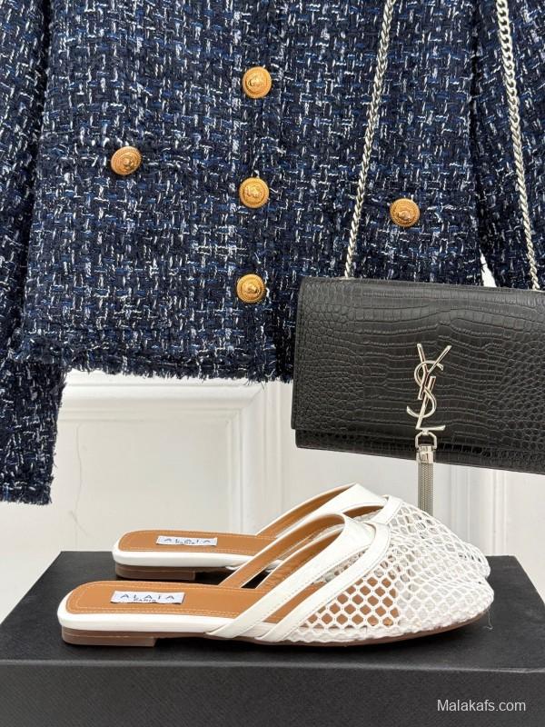 2025 Slippers AlAIA White Leather Mesh Flat Shoes