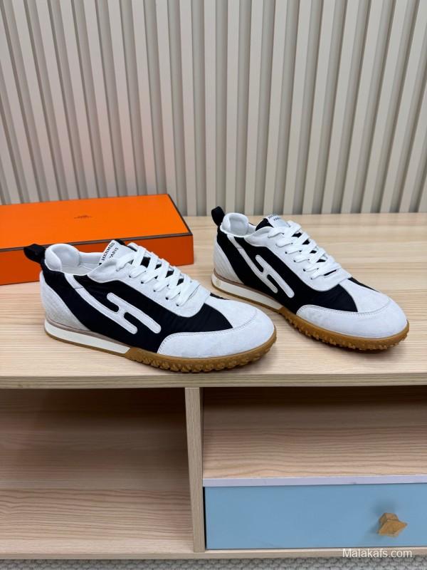 2025 Unisex Hermès White Black Suede Down Fabric Sneakers Top Version LY00310