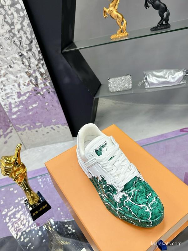 2024 Unisex Louis Vuitton Green White Leather Plimsolls Hand-Painted MJ00780