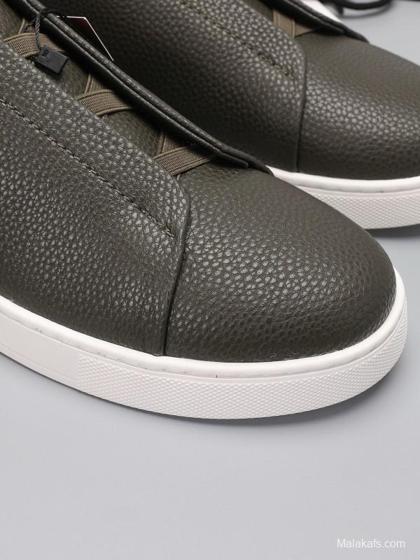 2024 Men Ermenegildo Zegna Dark Green Leather Sneakers MJ00240