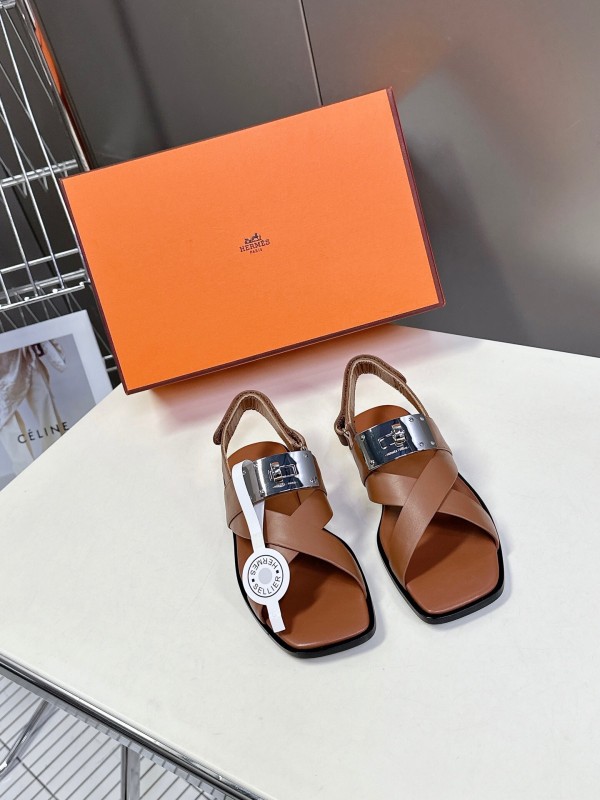 2025 Women Hermès Brown White Calfskin Leather Sandals Metal Hardware KFY00300