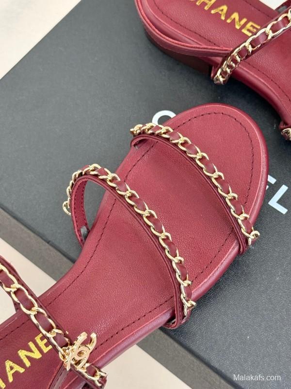 2025 Women Chanel Red Lambskin Chain Strap Sandals
