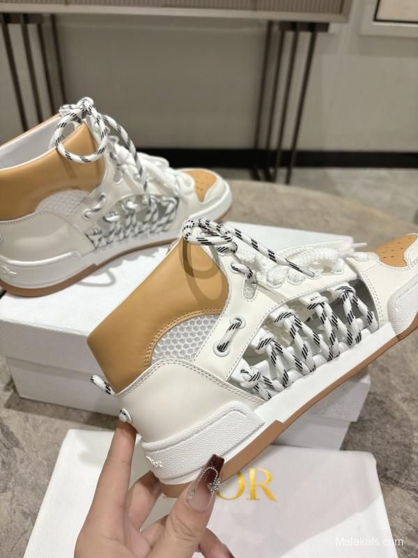 2025 Women Dior White Beige Leather Mesh High Top Sneakers