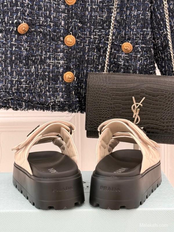 2025 Slippers Prada Beige Leather Magic Tape Platform Thick Sole
