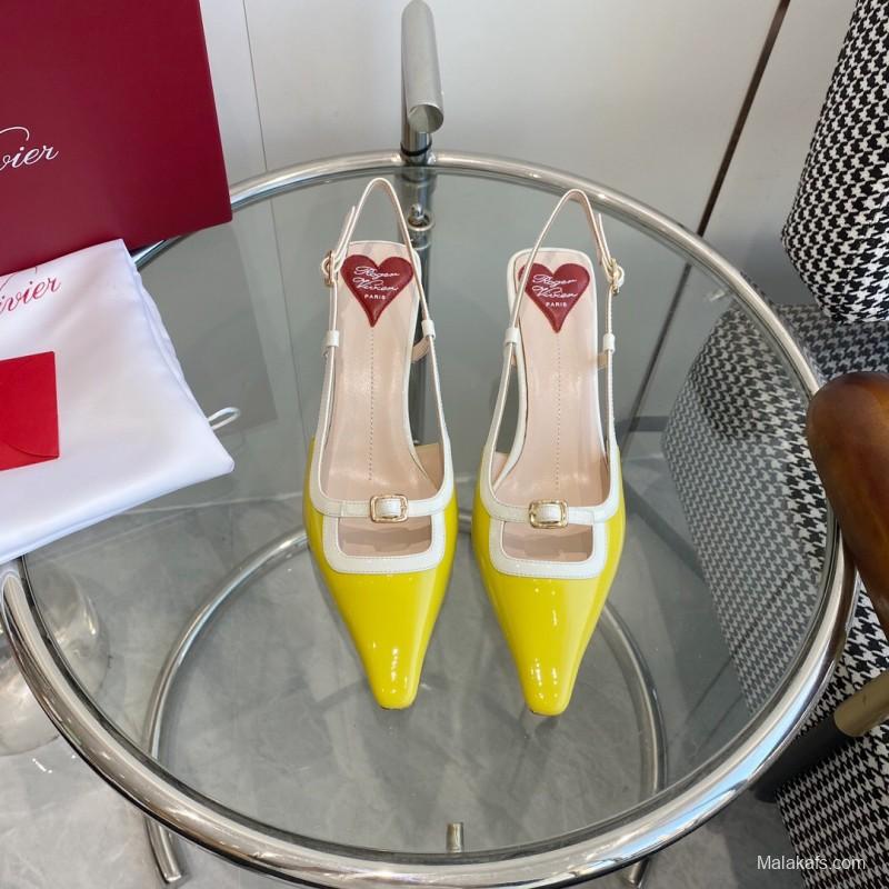2025 Women Roger Vivier Yellow White Patent Leather Slingback Heels