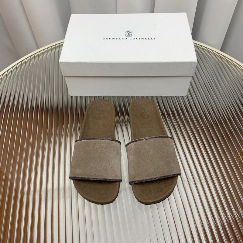 2025 Unisex Brunello Cucinelli Beige Suede Flat Slides Handcrafted With Rubber Sole KFY00240
