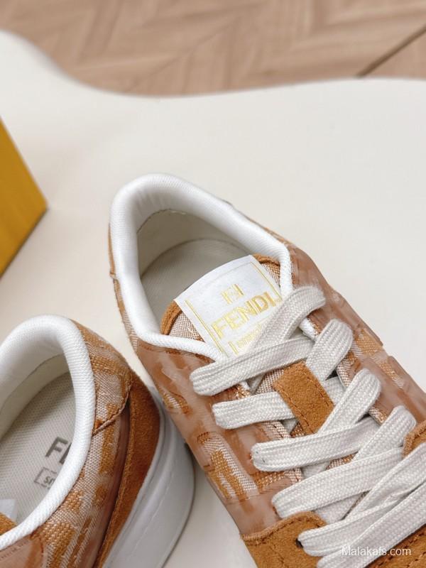 2025 Women Fendi Brown Leather Fabric Sneakers LY00340