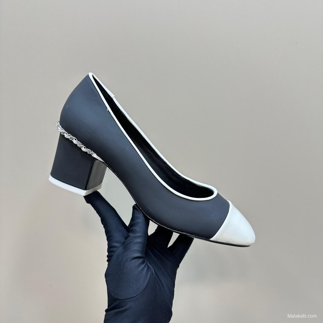 2025 Women Chanel Black White Leather Mary Jane Chain Heel KFY00290