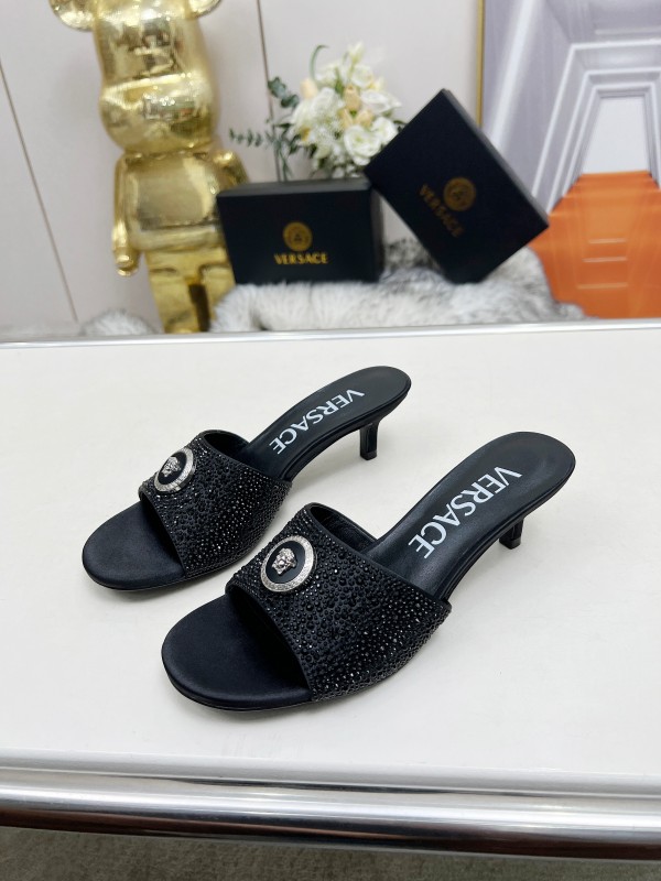 2025 Women VERSACE Black Silk Rhinestone Square Toe Sandals MJ00230