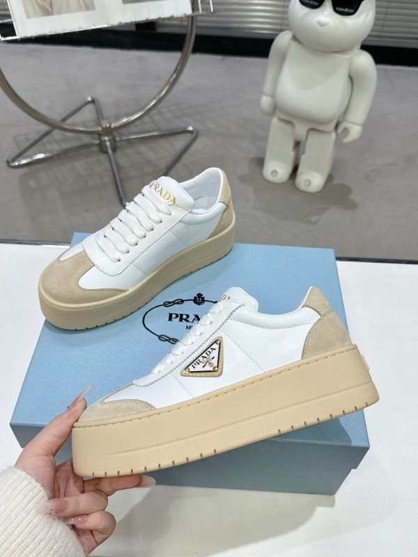 2025 Women Prada White Beige Leather Suede Sneakers