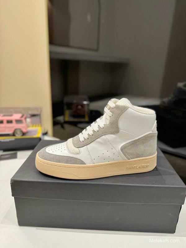 2024 Unisex Yves Saint Laurent White Grey Leather High Top Sneakers MJ00390