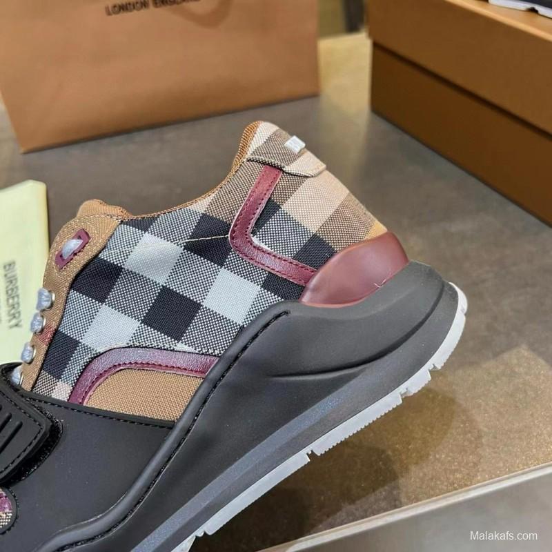 2025 Unisex Burberry Beige Black White Cotton Calfskin Suede Sneakers Vintage Pattern MJ00360(F)