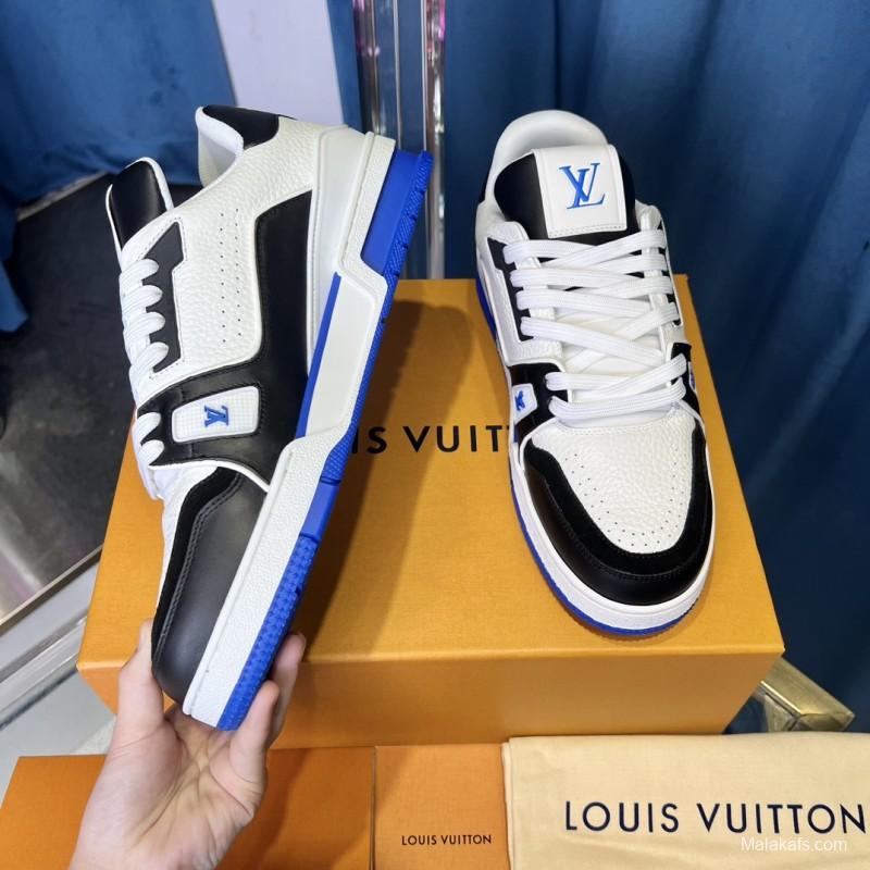 2025 Unisex Louis Vuitton Black White Blue Leather Plimsolls Stitching LV Trainer