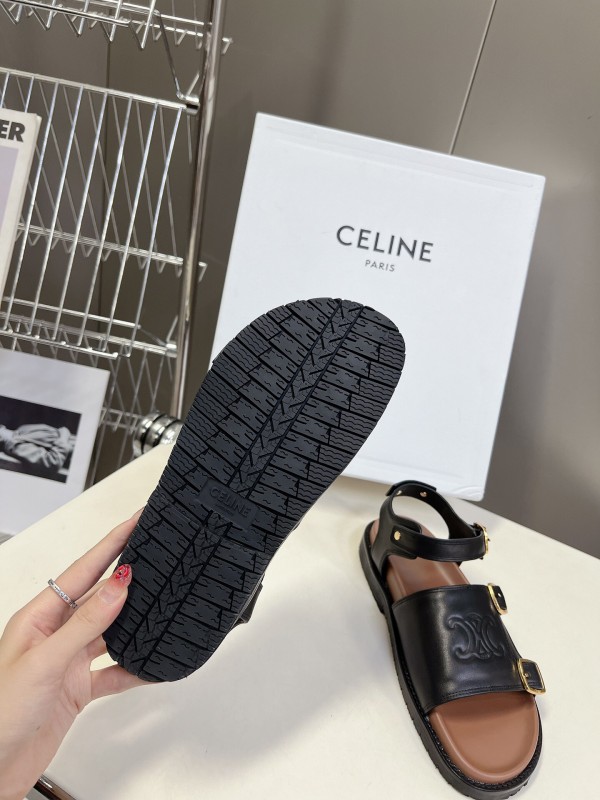 2025 Women Celine Black Leather Sandals Buckle KFY00280