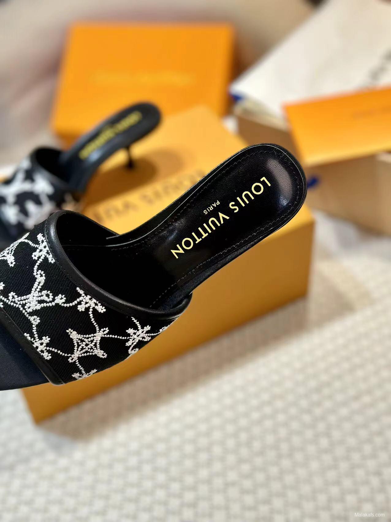 2025 Women Louis Vuitton Black White Embroidered Leather Heeled Sandals