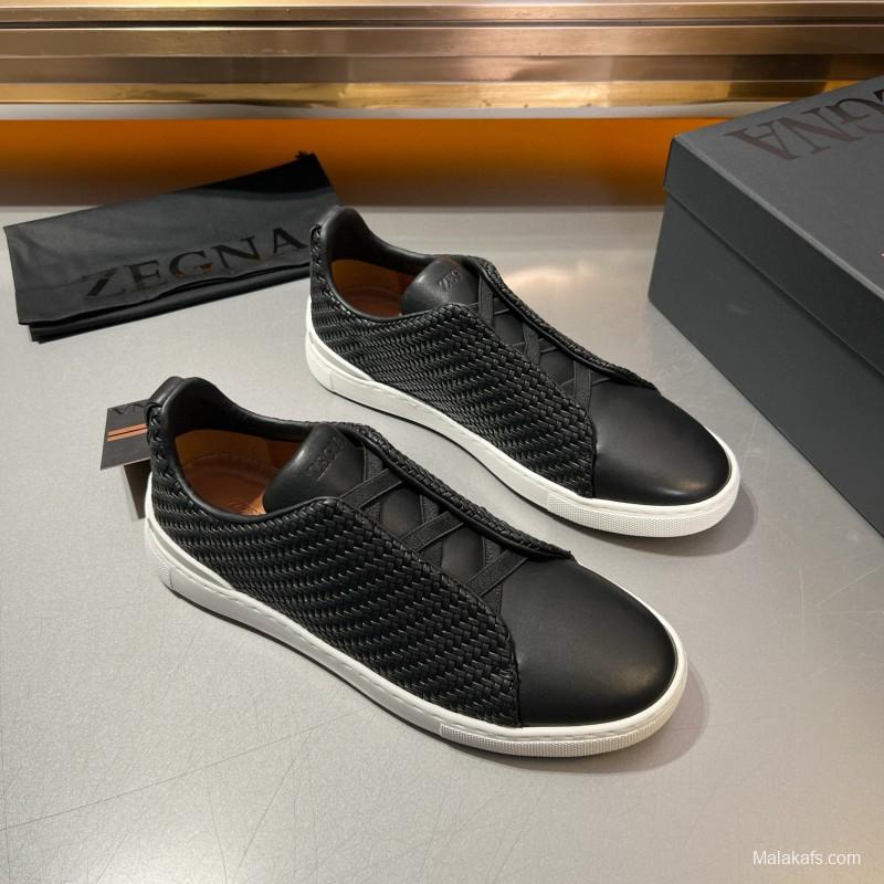 2024 Men Ermenegildo Zegna Black Smooth Calfskin Pelletessuta Sneakers Elastic Detail MJ00280