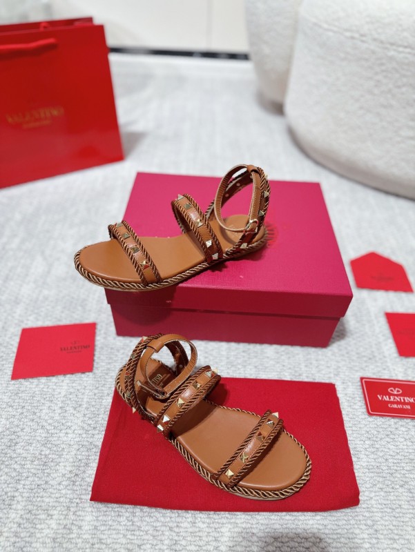 2025 Women Valentino Brown Leather Sandals Braided Craftsmanship LY00250