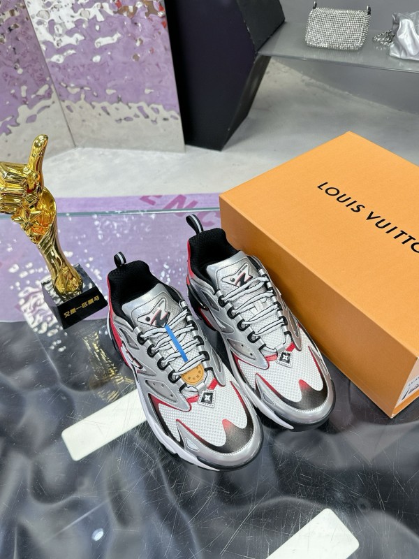 2025 Men Louis Vuitton White Red Black Leather Mesh Sneakers MJ00420