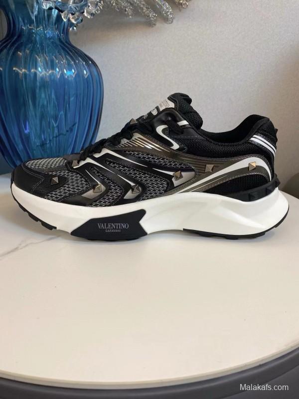 2024 Unisex Valentino Black White Mesh Leather Sneakers MJ00410