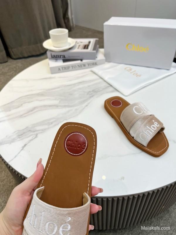 2025 Women Chloé Beige Velvet Slippers LY00200