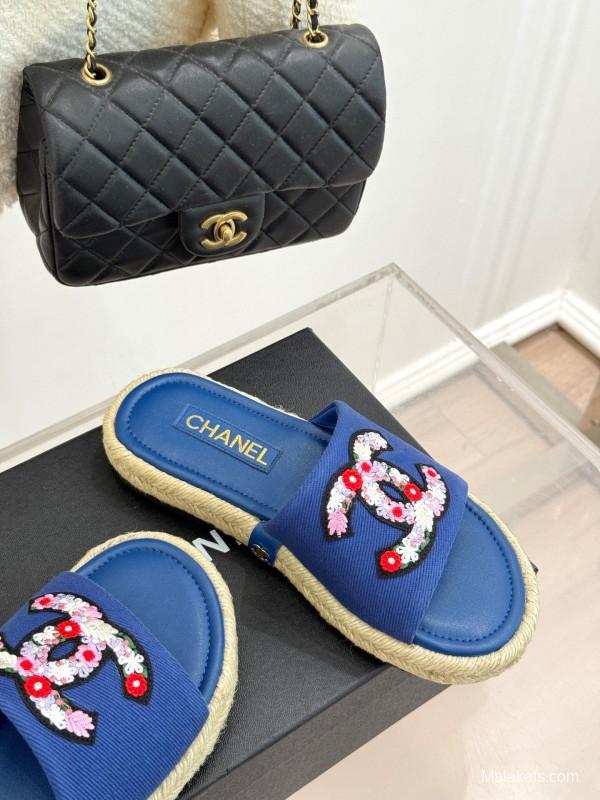 2025 CHANEL Blue Canvas Slippers Embroidered KFY00230