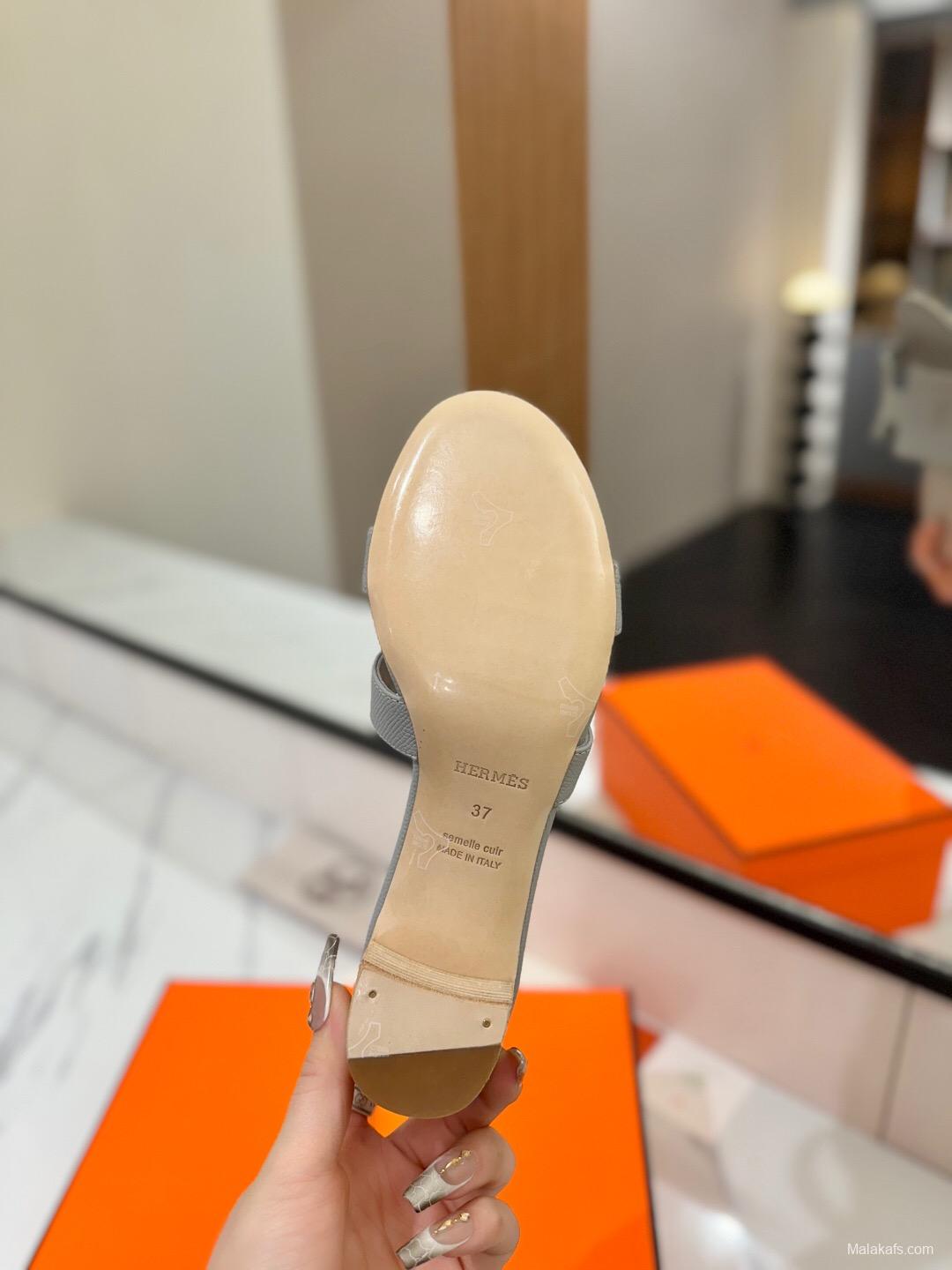 2025 Women Hermès Grey Leather Heeled Slippers