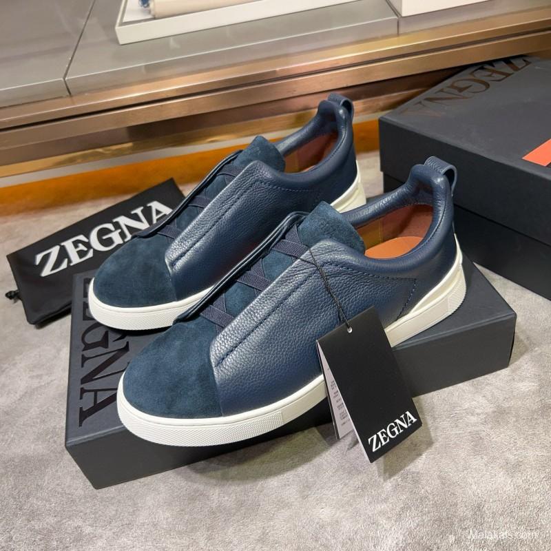 2024 Men Ermenegildo Zegna Blue Leather Suede Sneakers