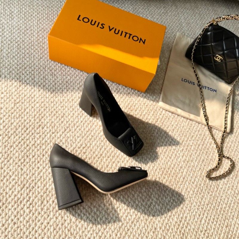 2024 Women Louis Vuitton Black Leather Block Heel Pumps