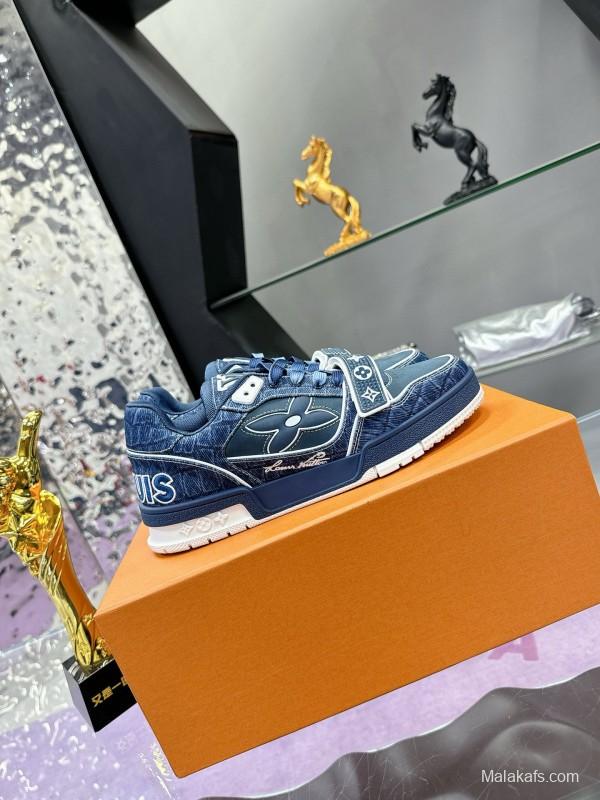 2024 Men Louis Vuitton Blue Denim Calfskin Silk Plimsolls Washed MJ00410