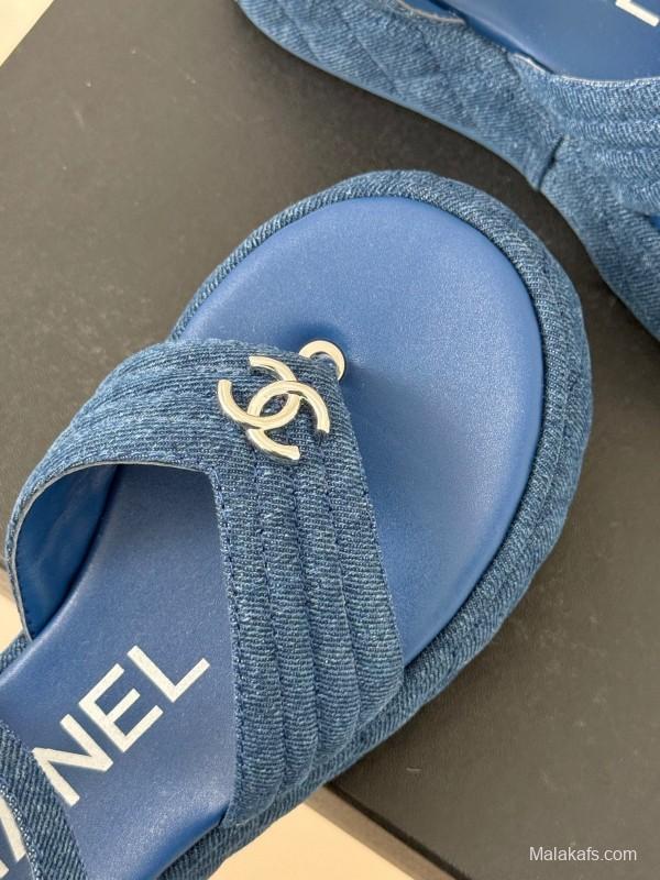 2025 Women Chanel Blue Denim Leather Platform Sandals KFY00260