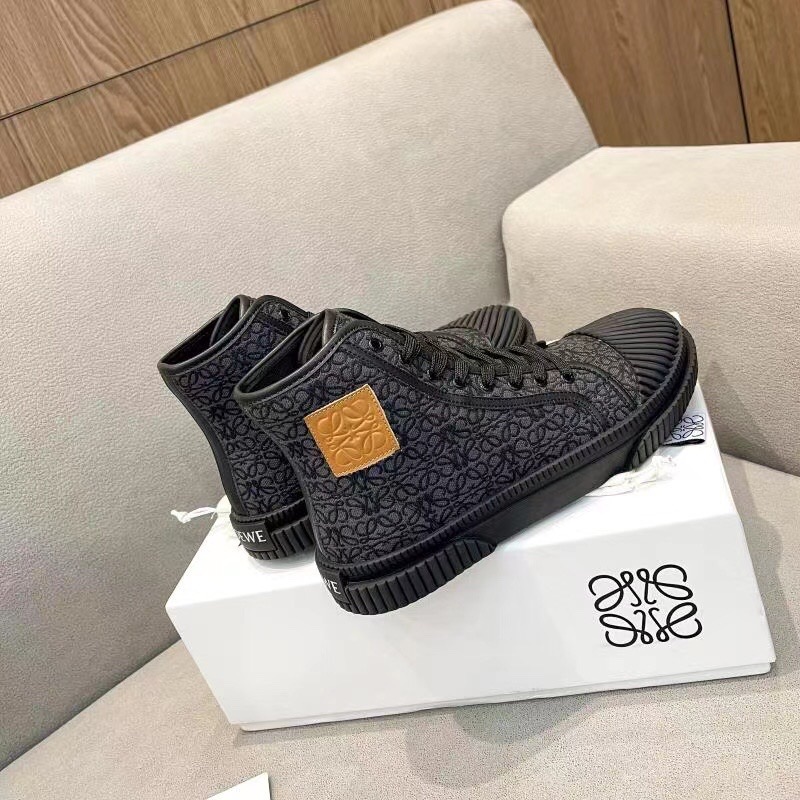 2025 Women Loewe Black Fabric Leather High-Top Sneakers LY00291