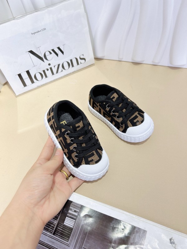 2024 Kids Fendi Black Beige Canvas Sneakers