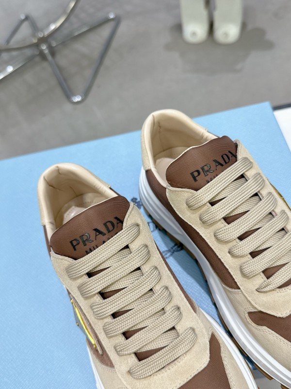 2025 Women Prada Beige Brown Leather Sneakers KFY00310