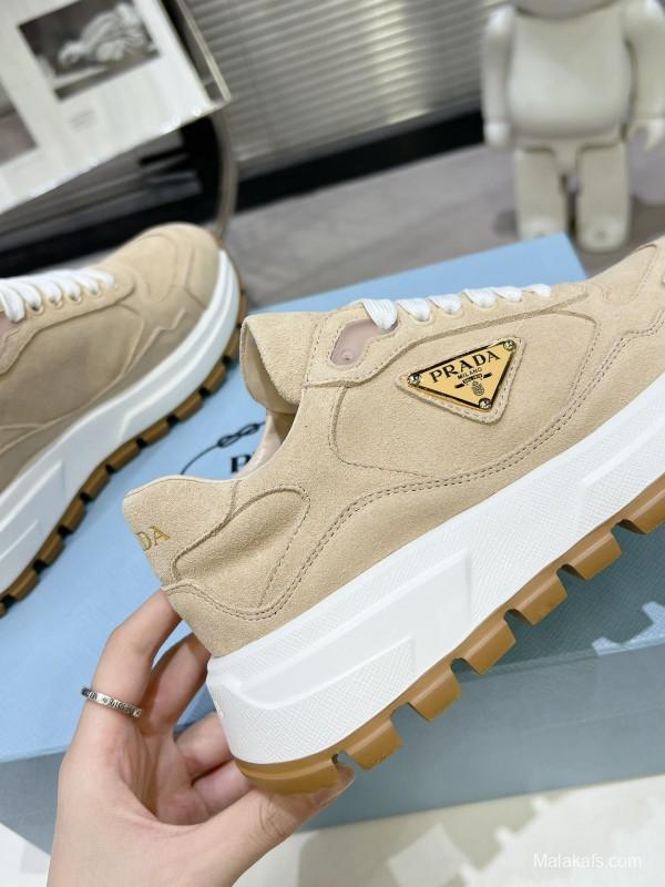 2025 Unisex Prada Beige Suede Leather Sneakers
