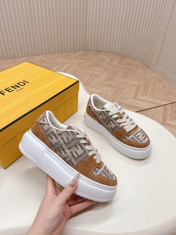 2025 Women Fendi Brown Beige Leather Mesh Sneakers LY00340