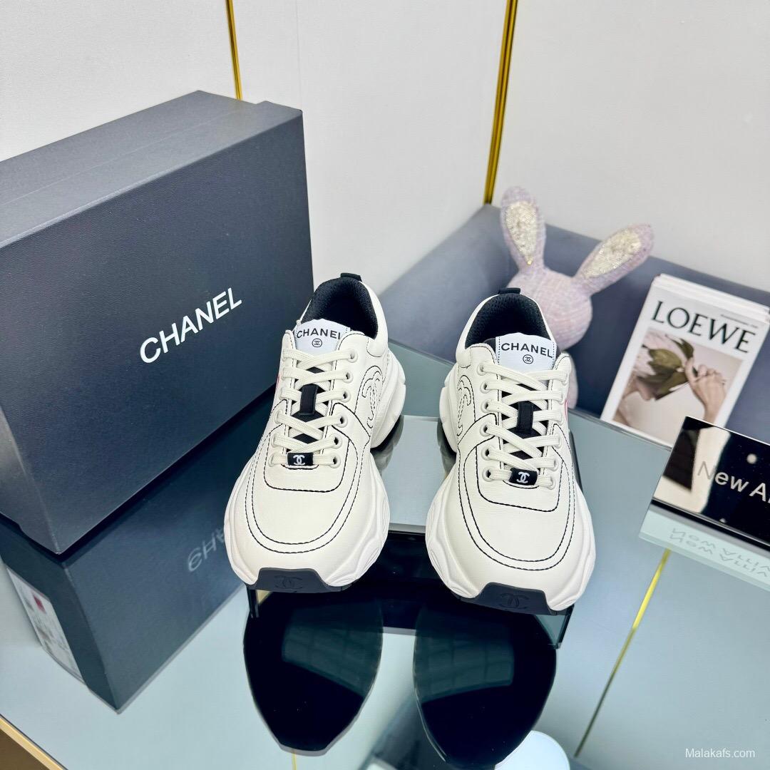 2025 Women Chanel White Leather Sneakers