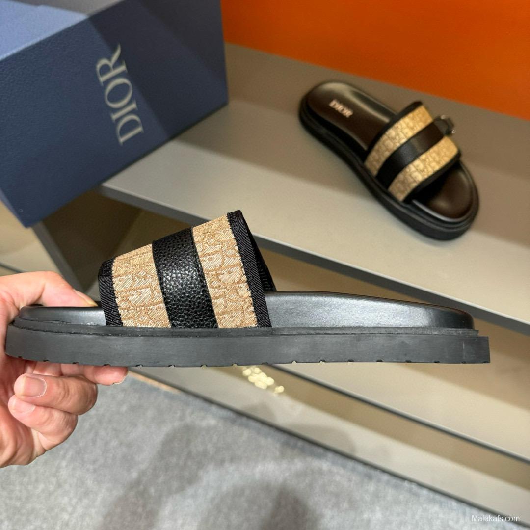 2024 Slippers Dior Beige Black Leather Canvas Slippers