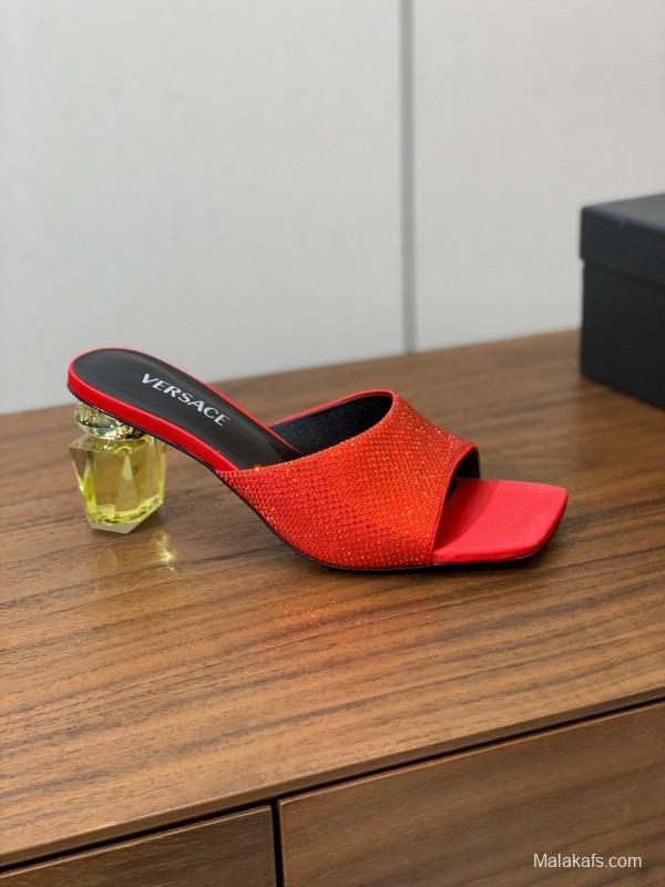 2025 Women VERSACE Red Leather Suede Slip-on Sandals